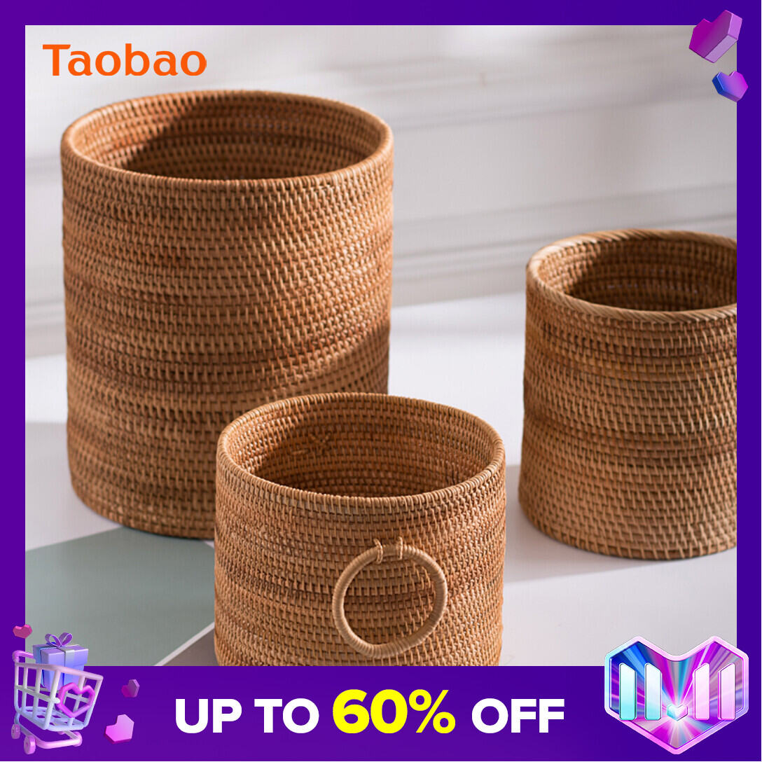 Solid Wood Rattan Household Living Room Trash Can round Bedroom Vintage Storage Bucket Handmade Personalized Study Desktop Paper Basket