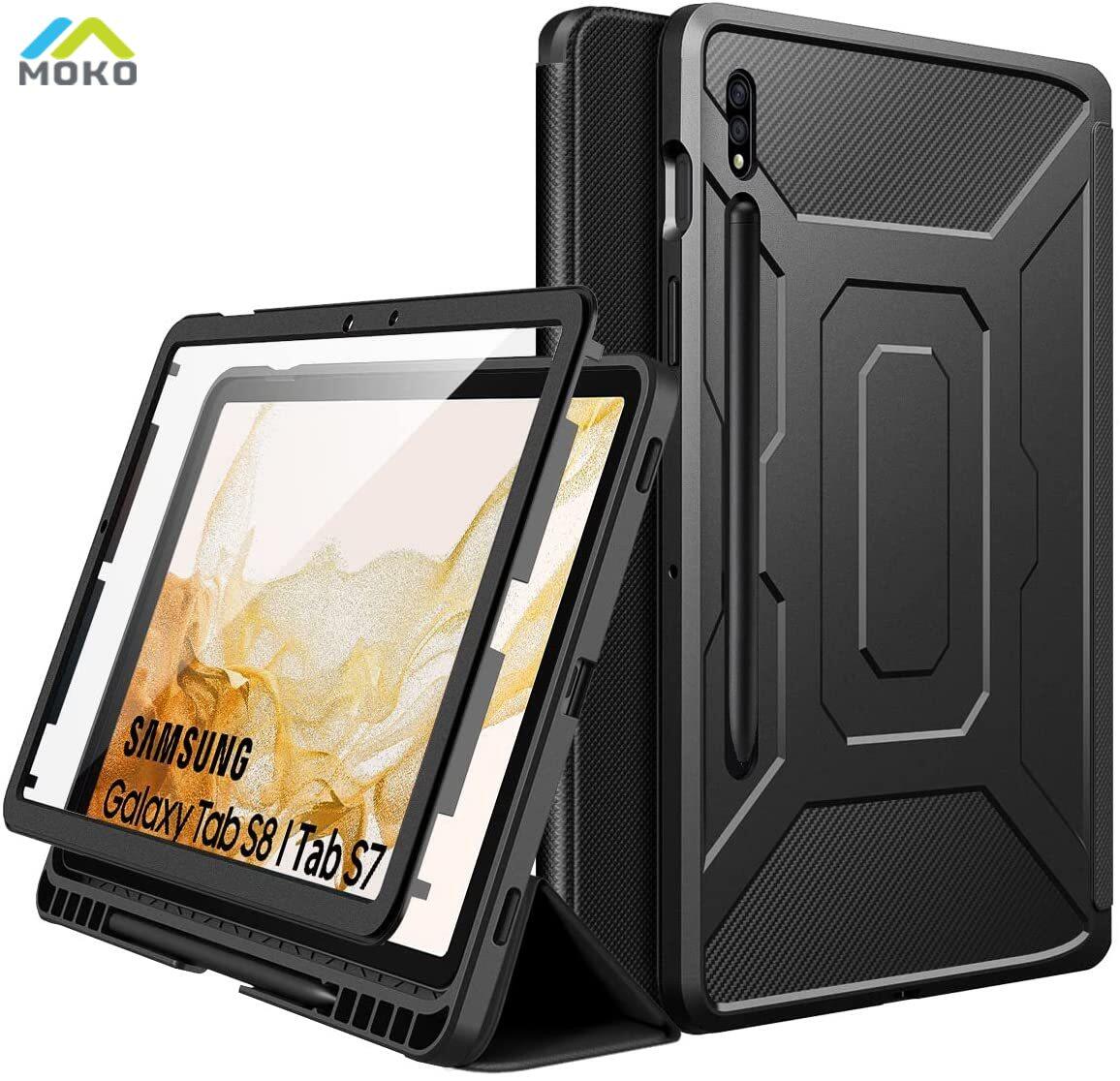 MoKo Case for Samsung Galaxy Tab S8 11.0" 2022 (SM-X700/SM-X706) / Tab S7 11" 2020 with S-Pen Holder, [Built-in Screen Protector] Shockproof Trifold Stand Case with Auto-Wake