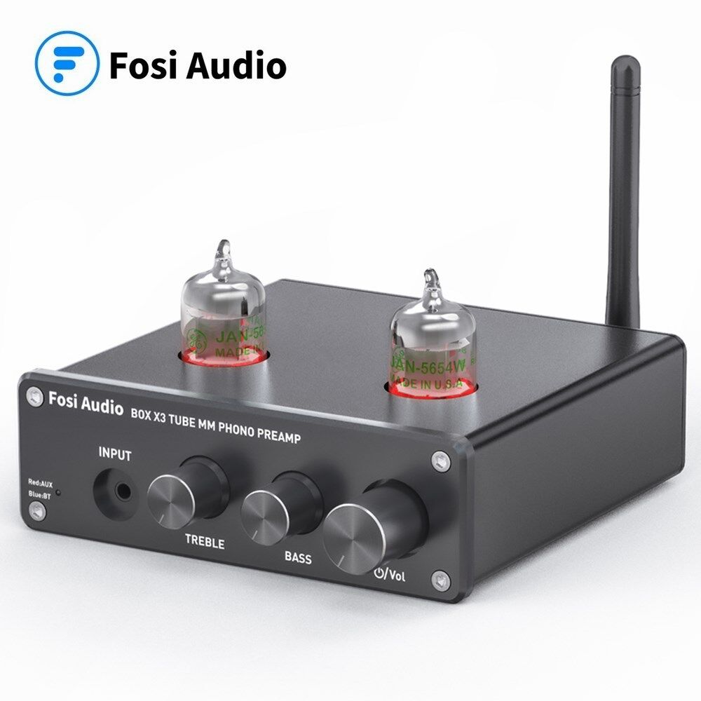 Fosi Audio Bluetooth Phono Preamp for Turntable Phonograph Preamplifier With 5654W Vacuum Tube Amplifier HiFi BOX X3 With 12V Power Supply