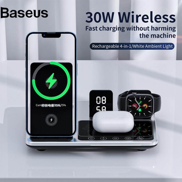 Baseus R11 Multifunctional 4 in 1 Wireless Charger Folding Portable Charging Station with Digital Display, White Light, Time Function